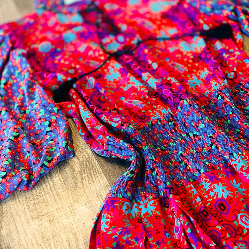 Diane Freis Vintage 1980s Maxi Dress Red Mint Blue Purple Parrot Print